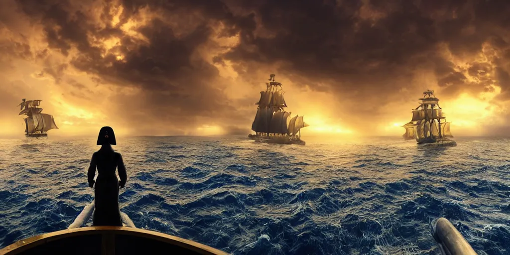 Prompt: medieval woman ship pilot from behind standing at the bow of a ship at sea, dramatic golden neon sunset with thick wall of storm clouds and turbulant seas with land in the distance, dynamic lighting, hyperrealistic, HD 4k, artstation