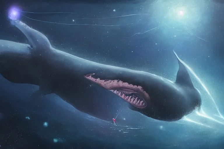 Image similar to a giant whale floating in outer - space, galaxies, stars, planets, star dust, ultra detailed, realistic, octane render, jesper ejsing, james jean, justin gerard, tomasz alen kopera, cgsociety, fenghua zhong, makoto shinkai, highly detailed, rim light, art, cinematic lighting, very coherent, 8 k