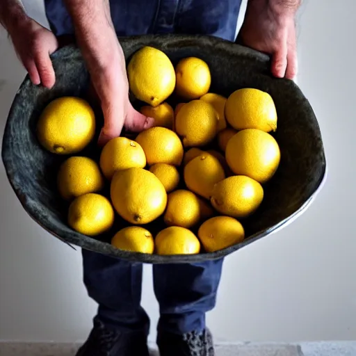 Image similar to man standing below bowl of lemons