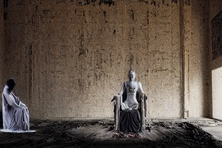Prompt: a ghostly vampire queen sitting on a wooden throne in the abandoned buddhist temple, omnious, eerie, magnificent, wow, intricate, analog photo, by nicola samori, by ryoji ikeda
