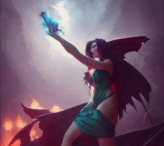 Image similar to morrigan aenslandcasting magic, a charming succubus, strapless dress, fantasy, d & d, by greg rutkowski and raymond swanland, sharp focus, trending on artstation, 8 k realistic digital art, cryengine, symmetric, league of legends splash art, concept art, frostbite 3 engine