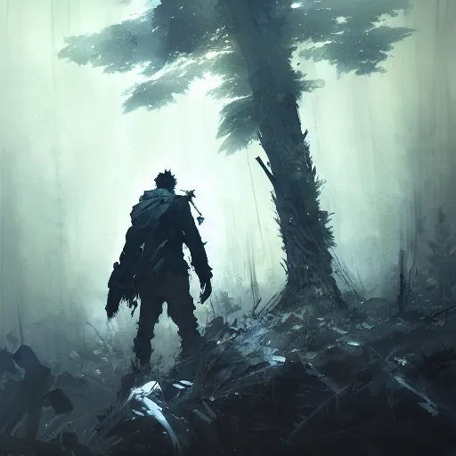 Image similar to man in the desolate forest looking for wifi by Akihito Yoshitomi AND Yoji Shinkawa AND Greg Rutkowski, Mark Arian trending on artstation