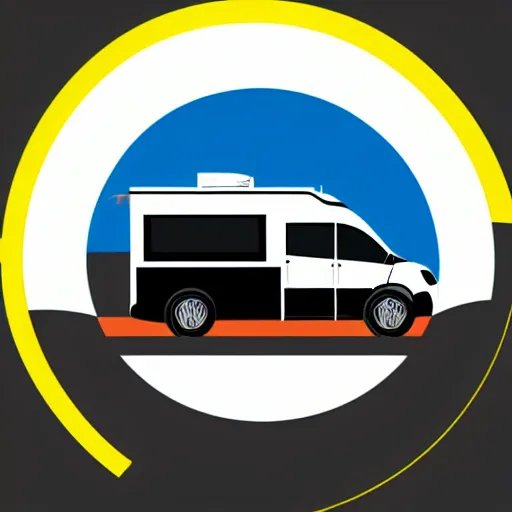 Image similar to very very very minimal vector graphic of a white and black cute thor chateau motorhome camper, color highway, mountains and sunset!!, all enclosed in a circle, white background, happy, professional minimal graphic design cartoon, award winning