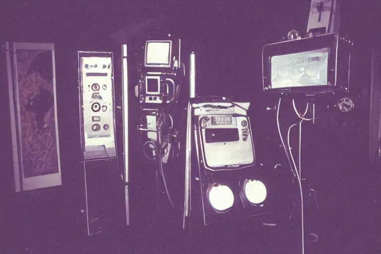 Image similar to a photograph of a time machine invented in the year 1 9 9 8, photographed with disposable camera, flash lighting