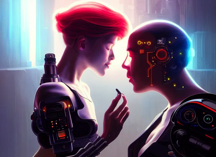 Image similar to ultra realistic medium shot of a couple of cyborgs kissing, lovers, cyberpunk, sci - fi, kodak, faces, colour led, soft light, volumetric lighting, fog, rays, night, intricate detailed, digital painting, concept art, smooth, sharp focus, illustration, art by artgerm and greg rutkowski and alphonse mucha