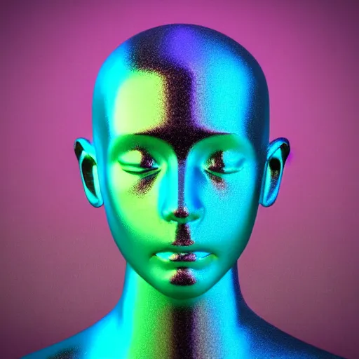 Image similar to 3d render of holographic human robotic head made of glossy iridescent, surrealistic 3d illustration of a human face non-binary, non binary model, 3d model human, cryengine, made of holographic texture, holographic material, holographic rainbow, concept of cyborg and artificial intelligence