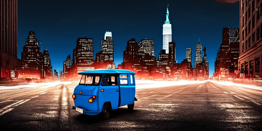 Image similar to an open frame blue tuk tuk going through a desolate manhattan city street at night, statue of liberty seen in the background, realistic 4 k octane beautifully detailed render, 4 k post - processing, highly detailed, detailed face, intricate complexity, epic composition, magical atmosphere, cinematic lighting, masterpiece, color picture, ultra hd