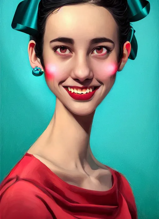 Image similar to portrait of high school girl, realistic, black hair, bangs, half updo hairstyle, pointy nose, skinny, smile, ugly, defined jawline, big chin, teal hair bow, earrings, intricate, elegant, glowing lights, highly detailed, digital painting, artstation, sharp focus, illustration, art by wlop, mars ravelo and greg rutkowski