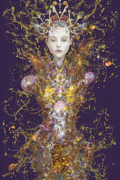 Image similar to realistic 8k digital painting of a stunning intricate cracked multicolored milky marble Cosmic EVA-Mech Ethereal Queen character design. Beautiful aura. Kintsugi. by Daytoner, Greg Tocchini, Yoshitaka Amano. Intricate Empress Crown made of sentient mycelium jewels and gems. subtle misty xparticles. Scattered Cherry blossoms Hyperrealism. Subsurface scattering. Octane Render