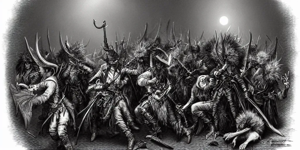 Image similar to a gang of emu banditos, d & d, fantasy, intricate, artstation, sharp focus, digital art, gustave dore, caravaggio,