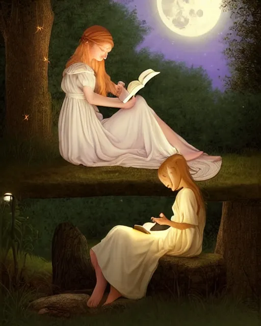 Image similar to girl in white nightgown reading a book by the river, a full moon on the horizon, dark starry sky, dreamy fantasy ambience with golden orbs and fireflies, detailed gothic illustration bright moon light, by edmund blair leighton, brom, charlie bowater, face by otto schmidt