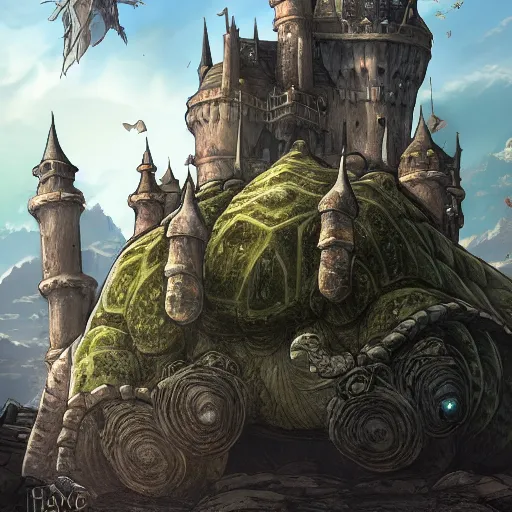 Image similar to large fantasy castle on top of a giant tortoise similar to howls moving castle and mortal engines, located in a harsh wasteland with harsh sunlight, distant - mid - shot, fantasy, hyper detailed, realistic