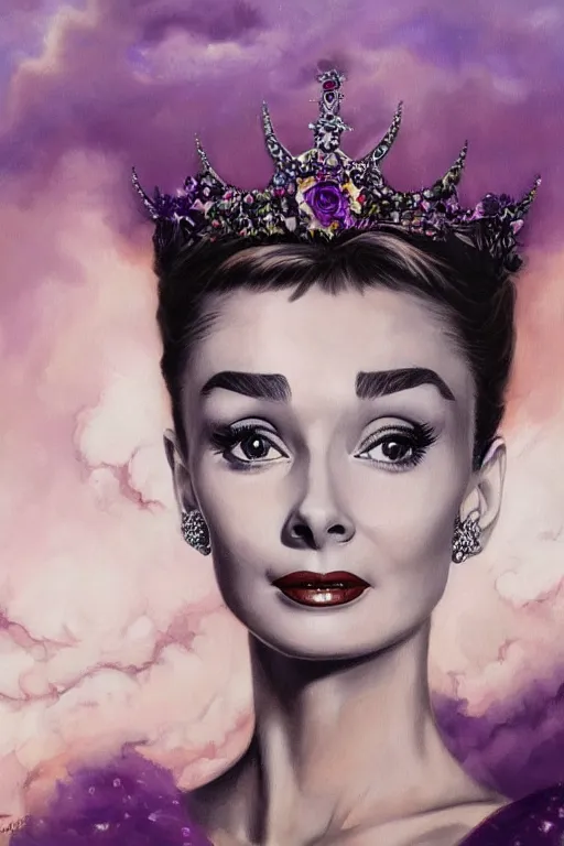 Image similar to closeup portrait fine art photo of the beauty audrey hepburn, perfect eyes, she has a crown of stunning flowers and dress of purple and gold satin and gemstones, background full of stormy clouds, by peter mohrbacher