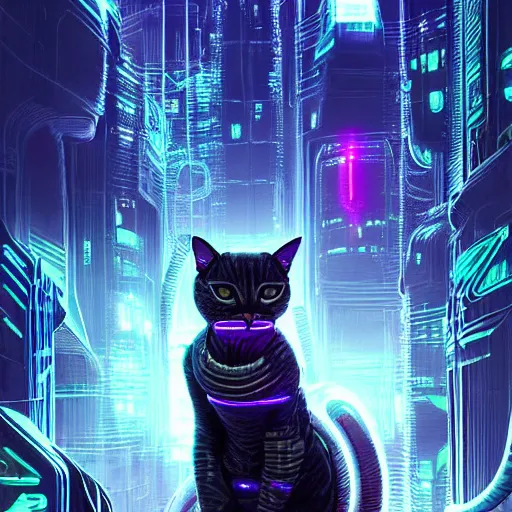 Image similar to cats cyborg inside an scifi tentacles wires futuristic city, beautiful neon cats, cinematic, highly detailed, photorealistic, rich bright colors, trending on artstation, giger, tsutomu nihei, trending on cgsociety, awe inspiring bruce pennington cityscape, digital art painting of 1 9 6 0 s