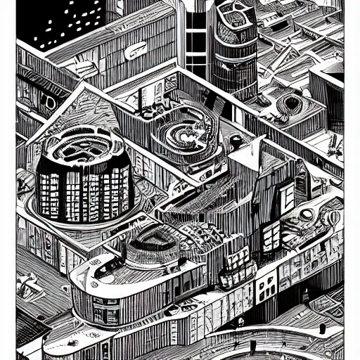 Image similar to mcbess illustration of a Brutalist Soviet building in the form of Scissors, cyberpunk, future tech, extremely detailed, rule of thirds, greeble, circuitry