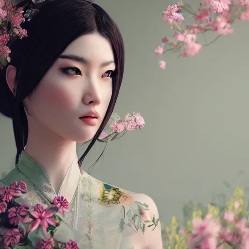 Prompt: beautiful oriental woman, flower clothes, bedroom, ultra realistic, concept art, intricate details, highly detailed, photorealistic, octane render, 8 k