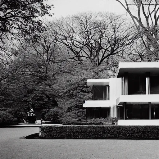 Prompt: A house designed by Miles van der rohe in the middle of Central Park. Film Grain