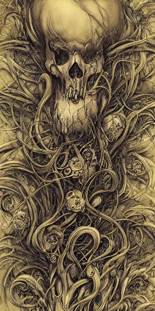 Prompt: abstract, fractal, liquid, melting, swirls, knots, weave, ink, flowers, leaves, gears, wires, bones, skulls, tentacles by hr giger and agostino arrivabene