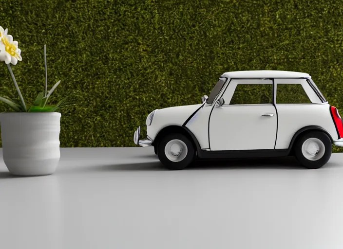 Image similar to a small miniature of a Mini Cooper S 1963 on a white table near a vase with a plant, 3d render, octane render, unreal engine 5, path tracing, serene landscape, calm, relaxing, beautiful landscape, highly detailed, high quality, 4k, symmetrical, low contrast