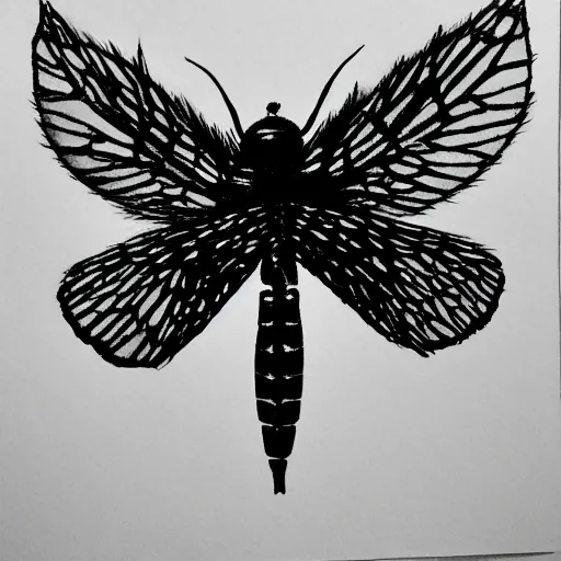 Image similar to fly, black and white, botanical illustration, black ink on white paper, bold lines