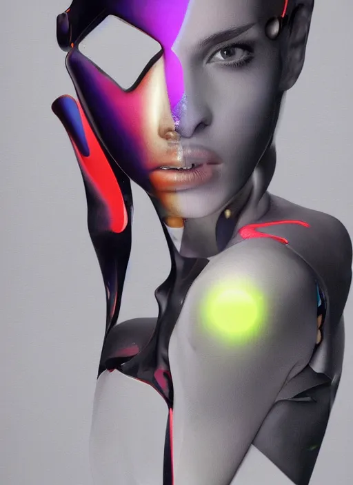 Prompt: futuristic lasers tracing, colorsmoke, fullbodysuit, pyramid hoodvisor, face cover, raindrops, wet, oiled, beautiful cyborg girl, by steven meisel, kaws, rolf armstrong, mondrian, hannah af klint perfect geometry abstract acrylic, octane hyperrealism photorealistic airbrush collage painting, monochrome, fluorescent colors, minimalist rule of thirds, eighties eros