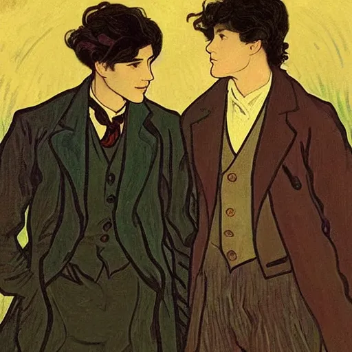 Prompt: painting of young cute handsome beautiful dark medium wavy hair man in his 2 0 s named shadow taehyung and cute handsome beautiful min - jun together at the graveyard party, ghostly, haunted graveyard, ghosts, autumn! colors, elegant, wearing suits!, clothes!, delicate facial features, art by alphonse mucha, vincent van gogh, egon schiele