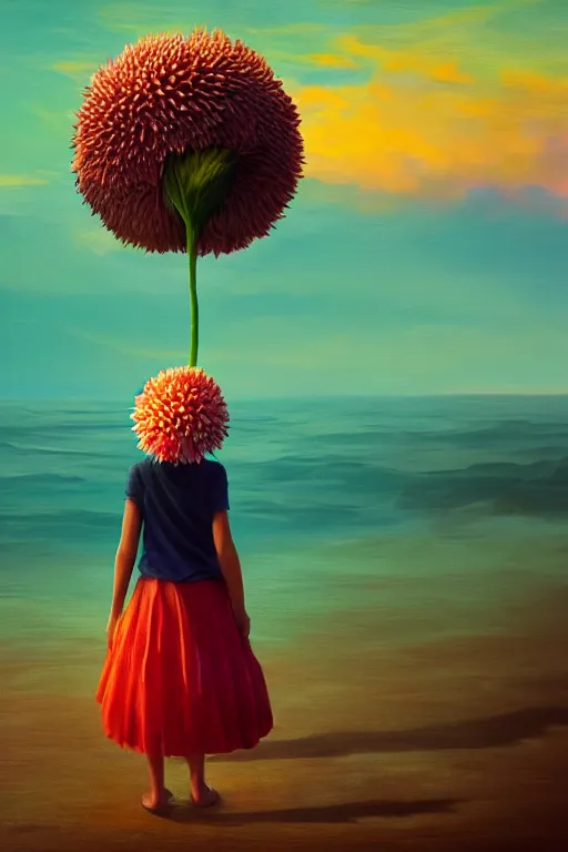 Image similar to closeup giant dahlia flower head, girl standing on beach, surreal photography, blue sky, sunrise, dramatic light, impressionist painting, digital painting, artstation, simon stalenhag