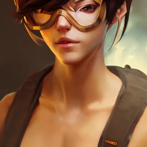 Image similar to a highly detailed portait of tracer from overwatch as nier automata cain, digital art, pretty face, muscular, very beautiful face, very detailed eyes, 8 k resolution, digital painting, by james gurney wlop, greg rutkowski, full body