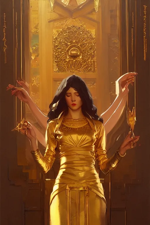 Image similar to temple, gold, painting by greg rutkowski, j. c. leyendecker, artgerm