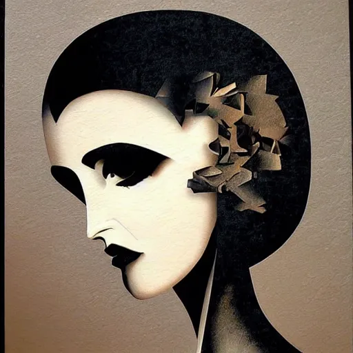 Prompt: the profile of a woman's face is looking down in one direction, a male shadow is facing the other direction, dark mood, accentuated shadows, by Dave McKean