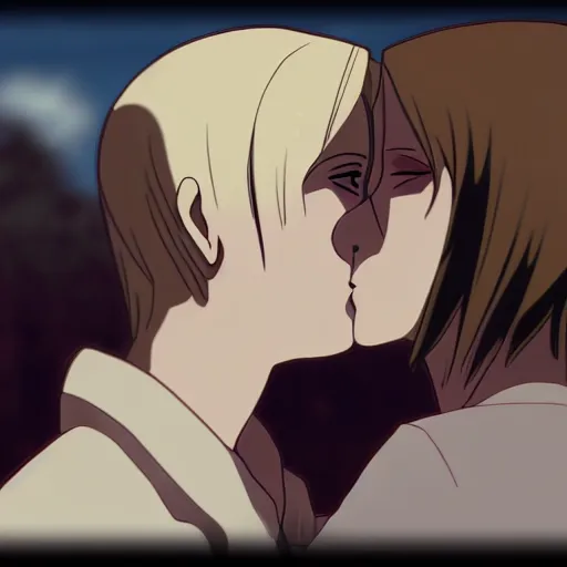 Image similar to Annie Leonhart kissing Annie Leonhart, anime kiss, detailed face, love, bokeh effect, lesbian kiss