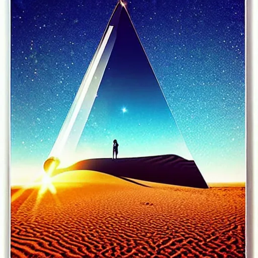 Prompt: poster big angular crystal in the desert, reflection from the crystal is sparkling due to sun, small starship near, futuristic, hi-tech details, style jean giraud