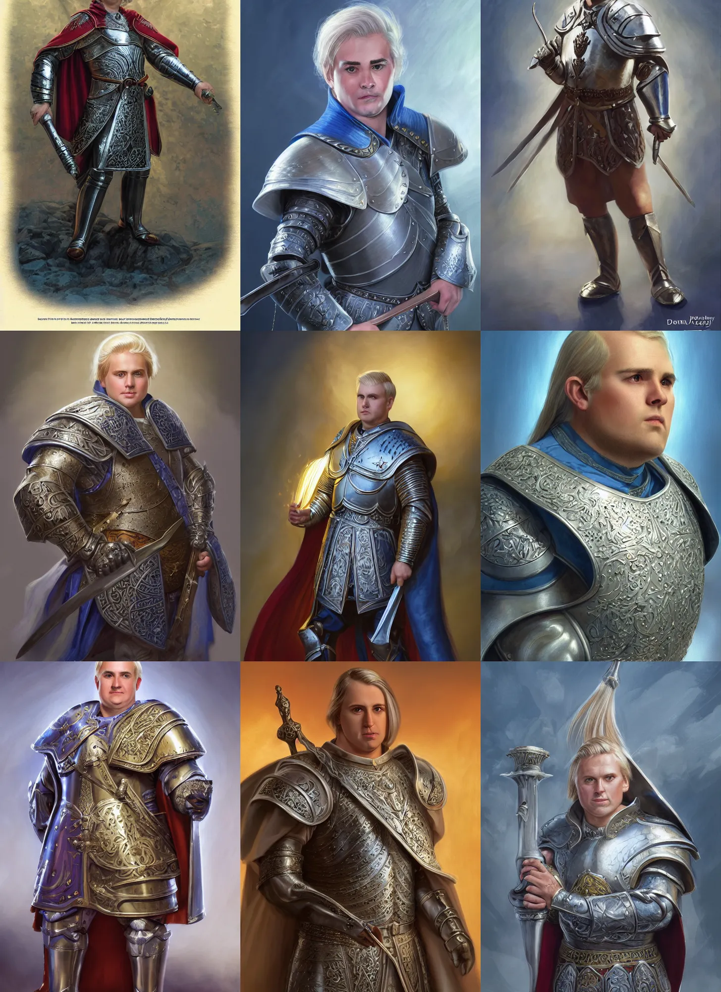 Prompt: a portrait of a fantasy beardless plump cleric with no beard, short blonde hair comb over hairstyle, young adult, short in stature, silver breastplate with religious engravings, clean shaven, stressed expression, blue cape, style by donato giancola, wayne reynolds, jeff easley dramatic light, high detail, cinematic lighting, artstation, dungeons and dragons
