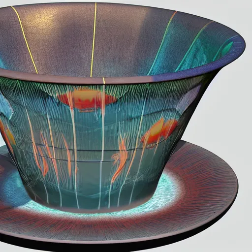 Image similar to flaming aquatic universe bongo bowl, by brom and rene magritte, rendered in maya, # macro