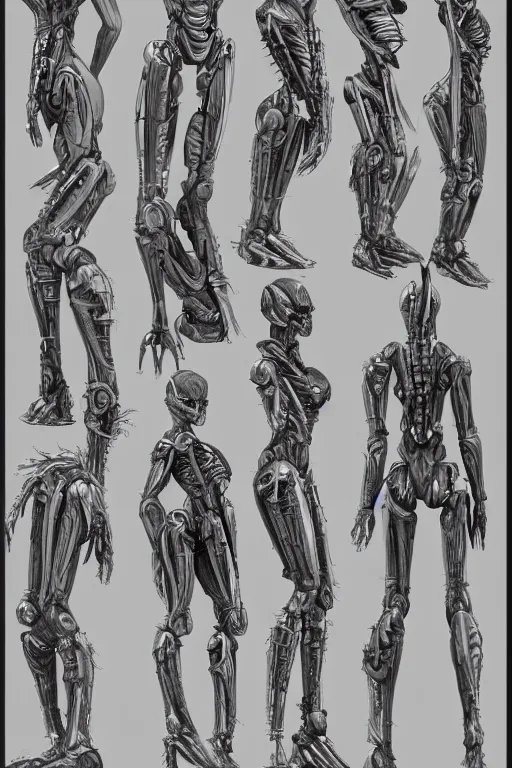 Image similar to arcee transfomers with gunmetal grey skin, medical anatomy, very symmetrical face, highly detailed, mecha, three - perspective / three - view reference sheet ( front / back / side ), in the style of dan ouellette, hr giger, sil from species, dren from splice, biomechanical, artstation, unreal engine