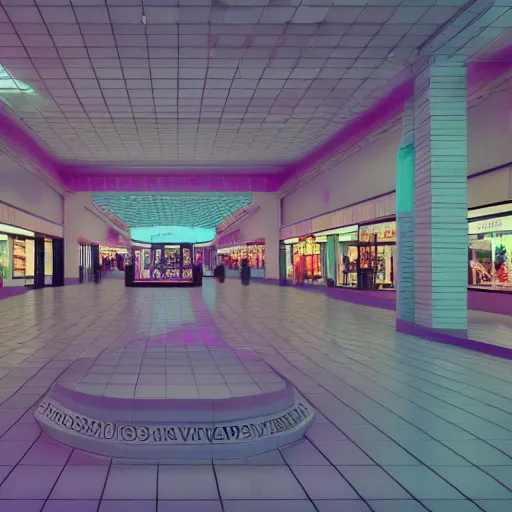 Image similar to vaporwave 9 0 s dreamy empty shopping mall, highly detailed, 3 d render, vray, octane, realistic lighting, photorealistic