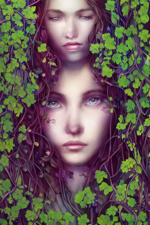 Image similar to elaborately ultradetailed close up portrait of an extremely beautiful girl surrounded by beautiful vines, flowers, a mist and ethereal rainbow bubbles, digital art painting, concept art, poster art, smooth, sharp focus, Aetherpunk, atmospheric lightning, highly detailed illustration highlights, Exquisite 8K detail post-processing, award winning picture, sense of awe, featured on DeviantArt