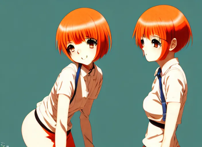 Image similar to anime girl with orange short hair in the form of two pigtails in the Soviet pioneer form,omoide emanon, tsuruta kenji, murata range,kawaii, kyoto animation, manga,katsura masakazu, intricate, detailed, studio lighting, gradation,editorial illustration, matte print, Ilya Kuvshinov