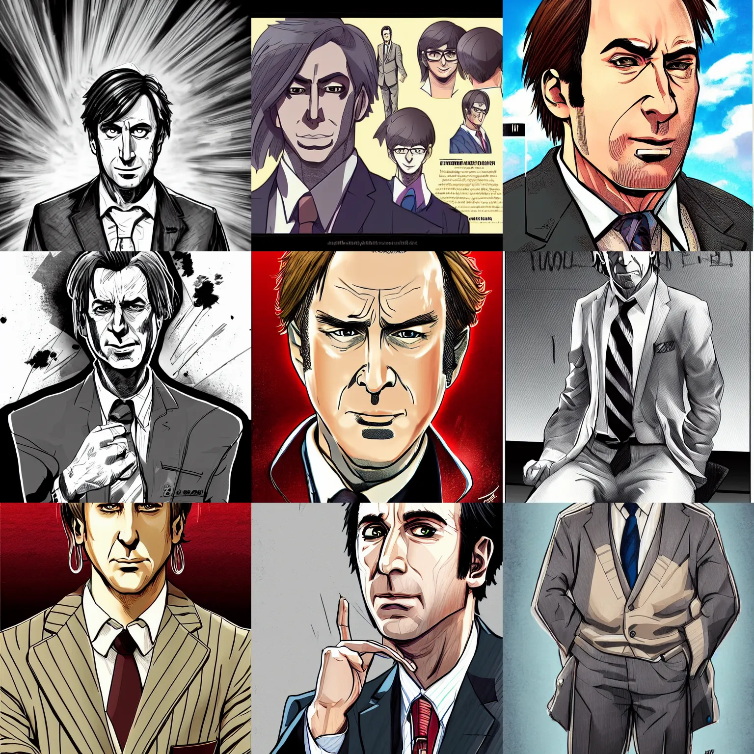 Prompt: highly detailed professional illustration of saul goodman as a seinen manga character, smooth, artstation