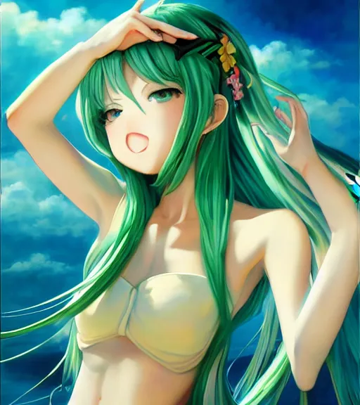 Prompt: Anime art very beautiful Hatsune miku by artgerm, Gil Elvgren, Vladimir Volegov, Earl Moran, Enoch Bolles, symmetrical shoulders, smiling, green swimsuit, trending