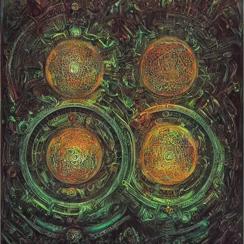 Image similar to biomechanical kali yantra mandala, volumetric shadows and lighting, psychedelic colors, realistic oil painting by h. r. giger,