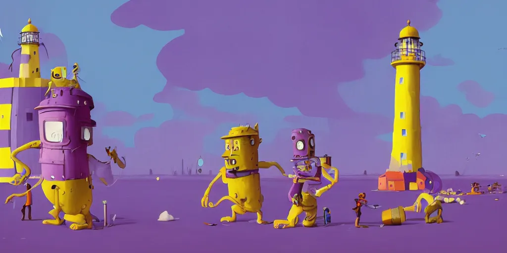 Image similar to cute purple and yellow cartoon monsters building a lighthouse by Goro Fujita and Simon Stalenhag and Basquiat, 8k, trending on artstation, hyper detailed, cinematic