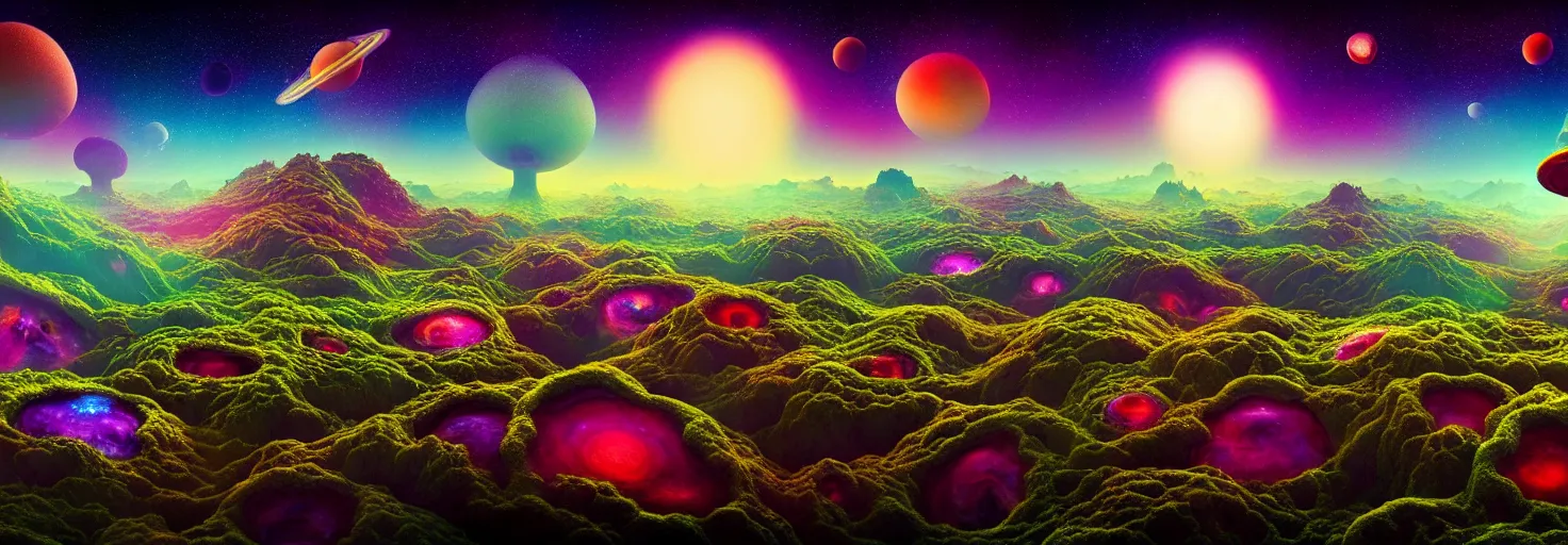 Prompt: a view of a surreal alien variated planetary fractal landscape with gigantic and small exotic fungus of varying vibrant colors and sizes scattered across the vast landscapes, surreal clouds, floating islands, 4 k, retro, detailed, vibrant, weird skies, extradimensional, stars, trending on artstation