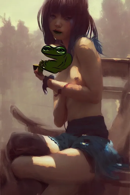 Image similar to portrait of a punk girl on a date with pepe! the frog! drinking coffee in the style of fenghua zhong and ruan jia and jeremy lipking and peter mohrbacher, extremely detailed digital painting, 8 k