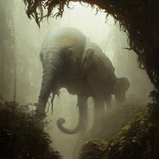 Prompt: epic hyperdetailed portrait of 🐙🐘🤖 hiding in the shadows. by greg rutkowski, highly detailed portrait, rococo, digital painting, artstation, concept art, smooth, sharp foccus ilustration, artstation hq. intricate, elegant. art by wlop and artgerm and greg rutkowski and alphonse mucha, masterpiece. misty rainforest