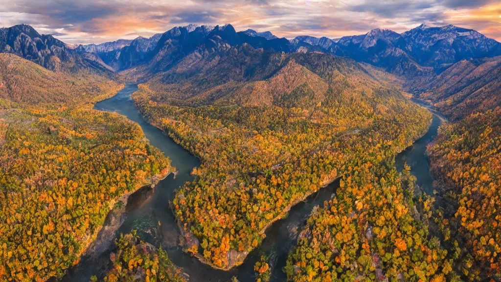 Prompt: The most beautiful panoramic landscape taken by a dron, oil painting, where the mountains are towering over the valley below their peaks shrouded in mist. The sun is just peeking over the horizon and the sky is ablaze with colors. The river is winding its way through the valley and the trees are starting to turn yellow and red, by Greg Rutkowski, aerial view