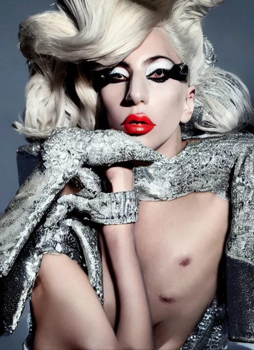 Prompt: lady gaga styled by nick knight posing , high fashion themed, archive pieces, anne leibovitz, vogue magazine, Highly realistic. High resolution. Highly detailed. Dramatic. 8k.4k.
