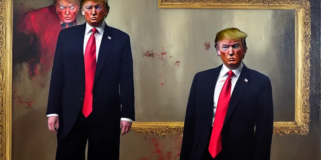 Image similar to character art by ruan jia, young donald trump paints a portrait of himself older at mar - a - lago