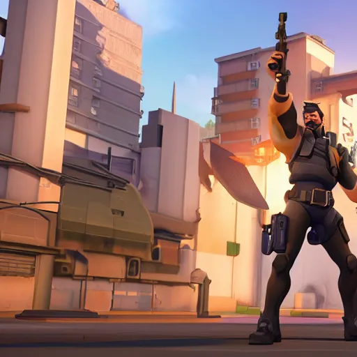 Prompt: che guevara is the newest overwatch character, kings row in the background, octane render, blender render, unreal engine, standing pose, cinematic lighting, symmetrical