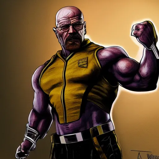 Image similar to walter white as a bodybuilder thanos with the infinity gauntlet, artstation hall of fame gallery, editors choice, #1 digital painting of all time, most beautiful image ever created, emotionally evocative, greatest art ever made, lifetime achievement magnum opus masterpiece, the most amazing breathtaking image with the deepest message ever painted, a thing of beauty beyond imagination or words, 4k, highly detailed, cinematic lighting